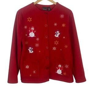Bobbie‎ Brooks Red Embroidered Fleece Christmas Sweater Snowmen Button Large